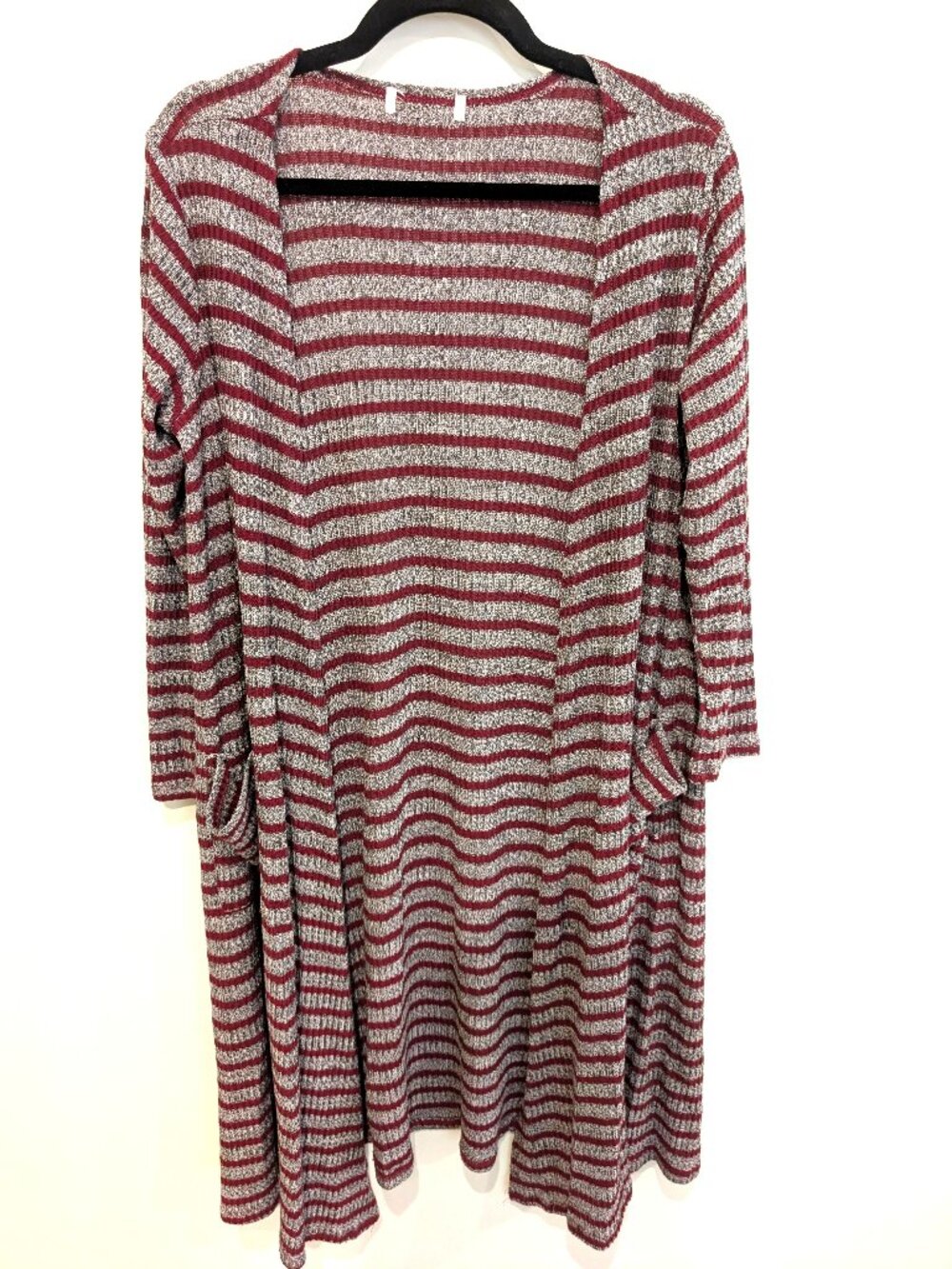 LuLaRoe Sarah Burgundy & Heather Gray Ribbed Stripe Longline Duster Cardigan